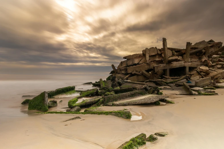 a very large building on the beach that is covered with seaweed