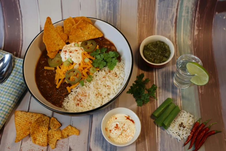 a plate with food and drinks in it