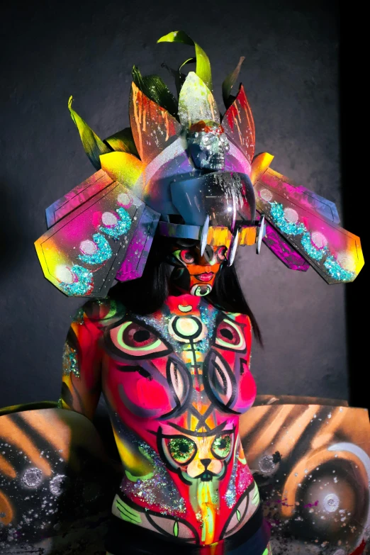 a woman's body painted in vint colors and artistically styled clothing