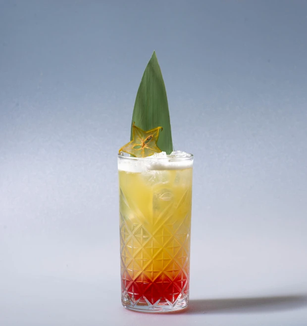 a colorful drink with a leaf sticking out