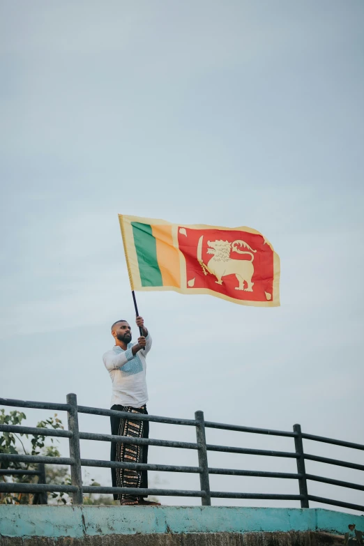 a man holding a flag standing on a bridge with an elephant symbol on it