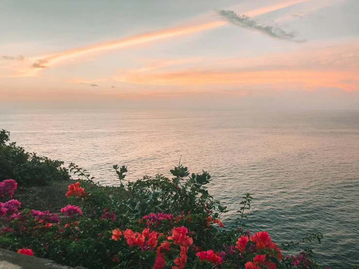 there is a bench by the beach at sunset