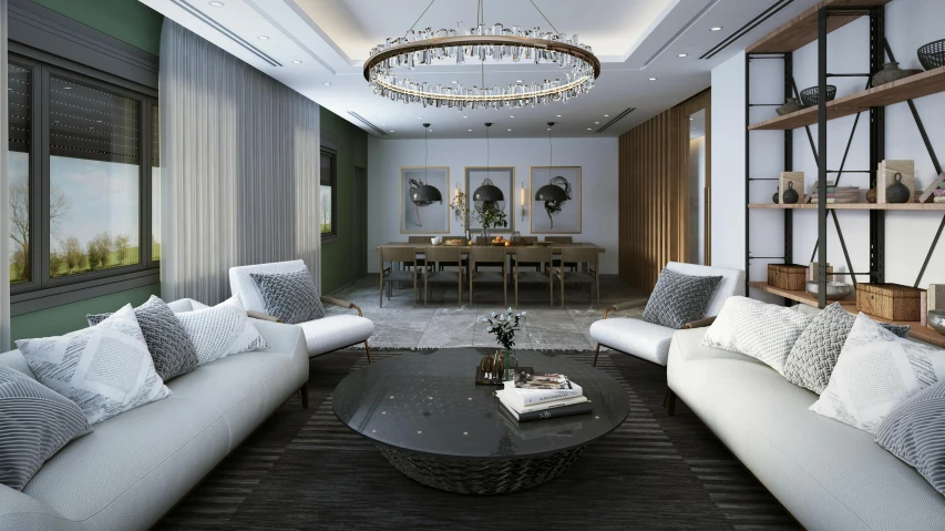 living room with modern design and black carpet