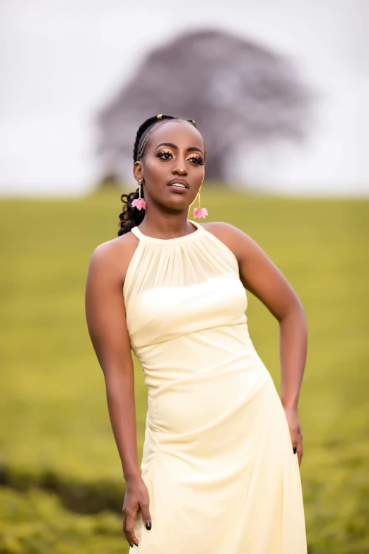 an african american girl wearing a yellow evening dress posing in a field