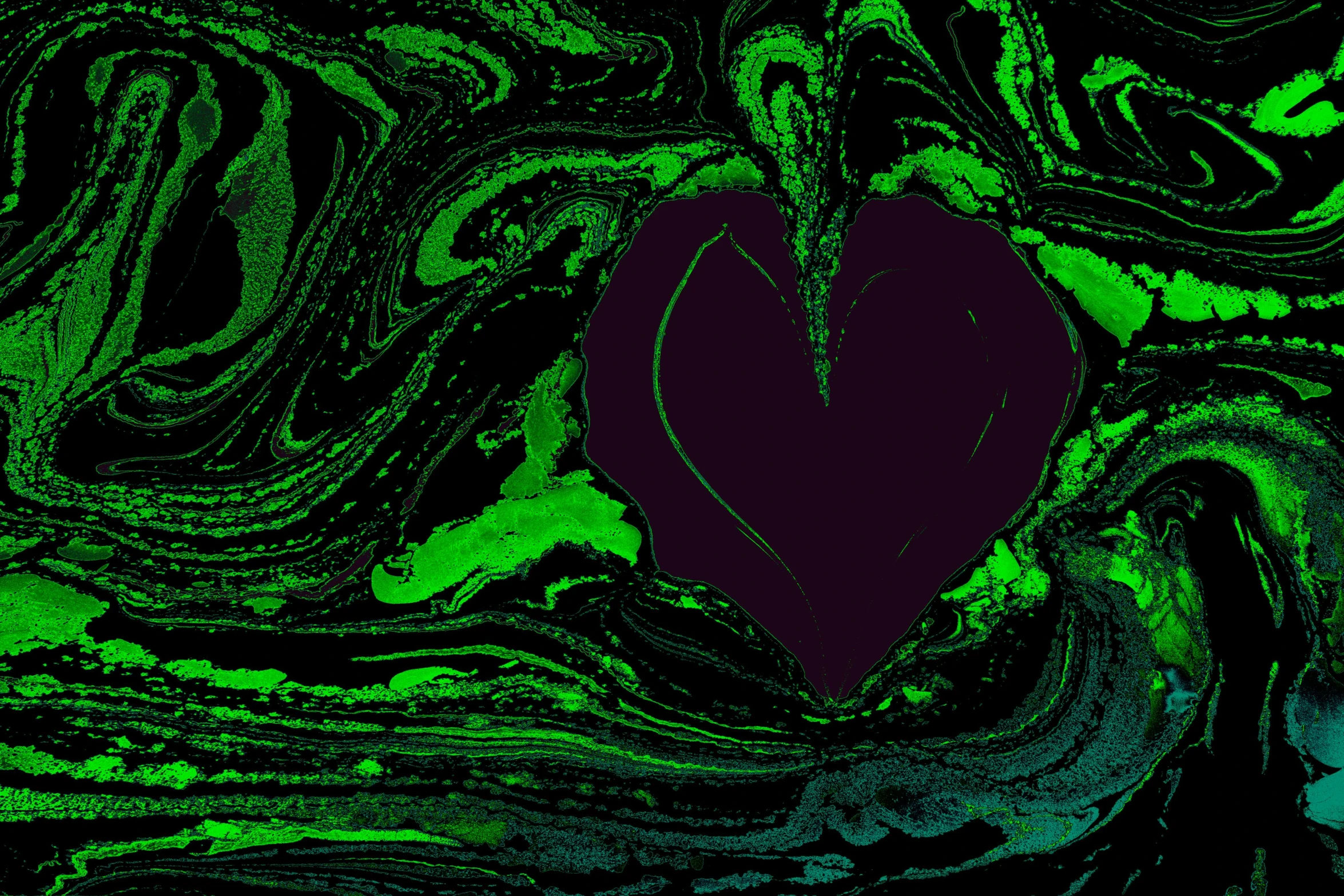 a black heart with green swirls in the middle