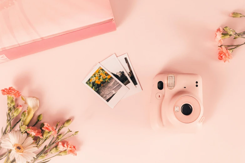 a camera and some flowers sitting next to each other