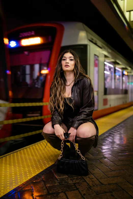 woman with chains sitting on floor next to train