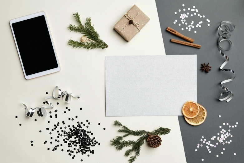 flat lay on table with wrapping and decorations