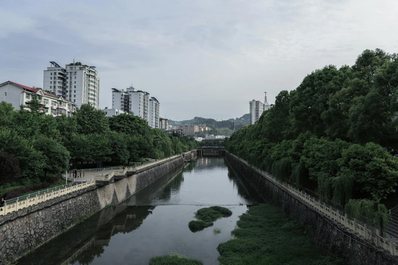 the river has no banks and is near tall buildings