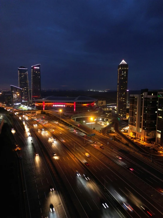 city night lights and highway with lots of cars