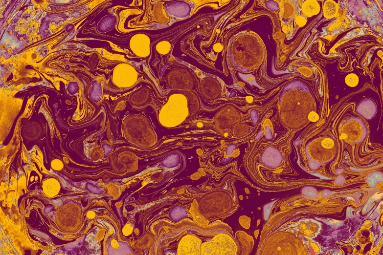 yellow and purple artwork with lots of bubbles