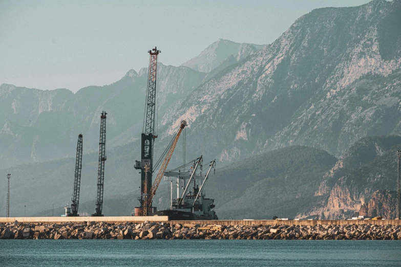 several cranes on the water in front of a mountain range