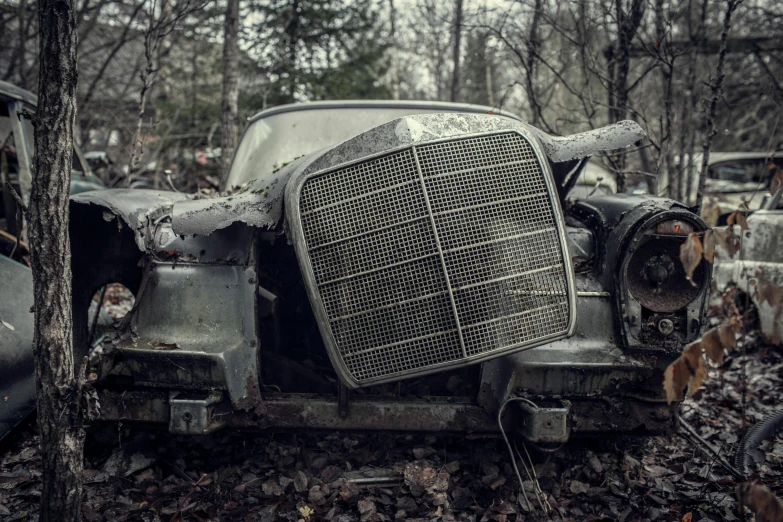 an old car sitting in the woods is rotting