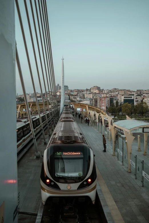 an electric train is moving through the city