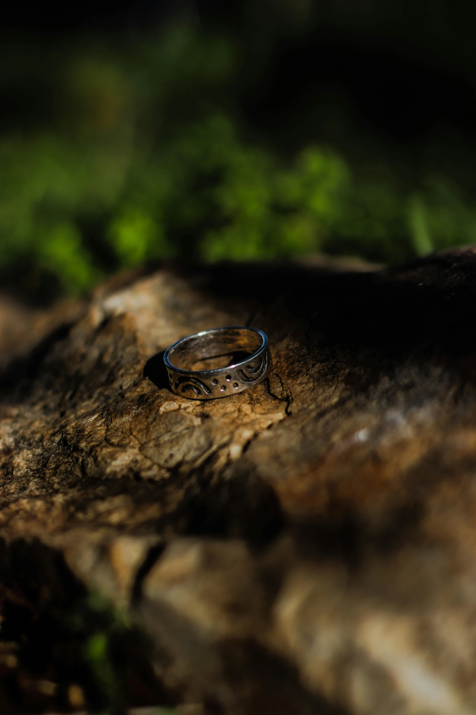 two rings are on the ground next to rocks