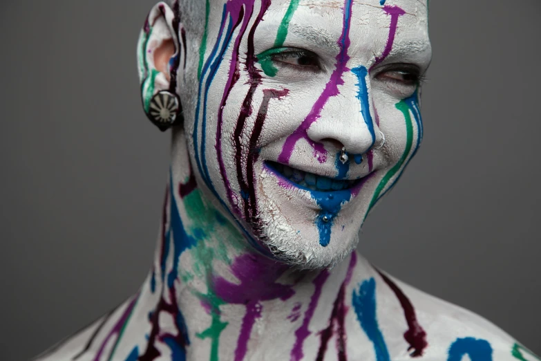 a man is wearing paint all over his face and neck