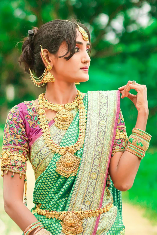 a woman in an ethnic dress with a green and red costume