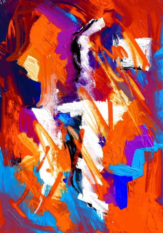 a very abstract expression painting in orange blue and purple