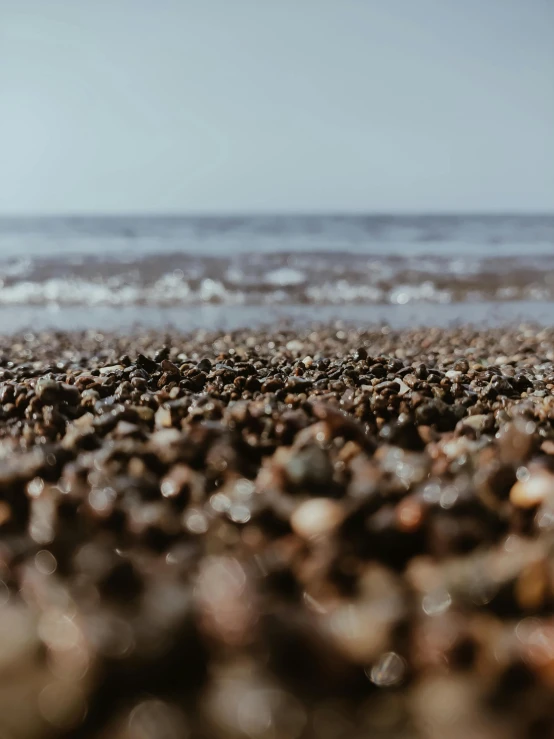 brown, pebbles on beach with sea waves and sky in background