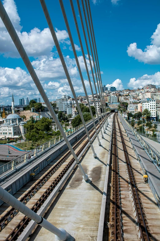 a train track that is near the city