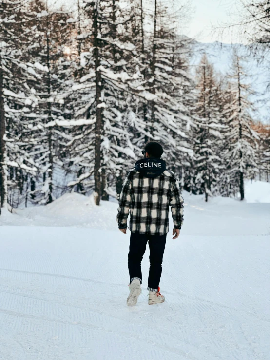 a person standing in a snow covered forest