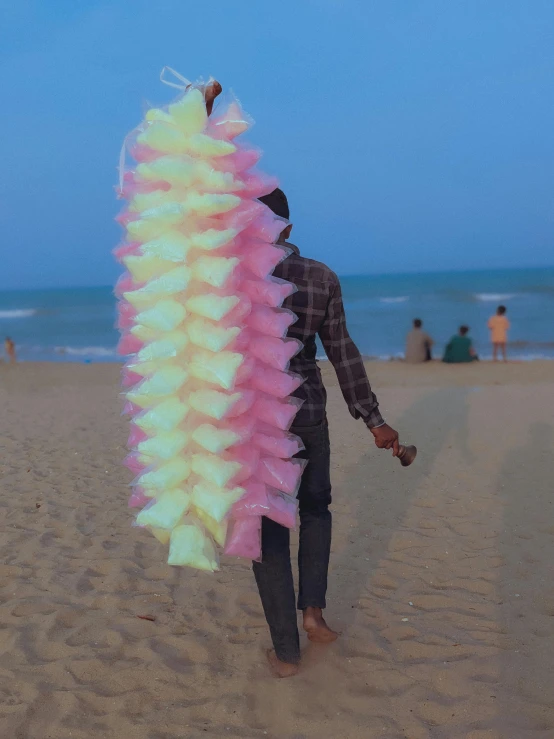 man in the beach carrying an item made out of feathers