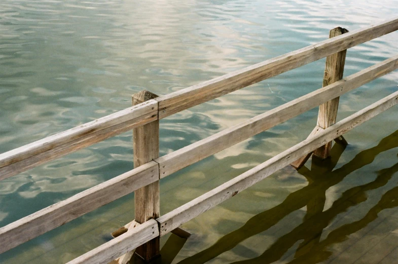 water reflecting the sea from pier and a line of poles