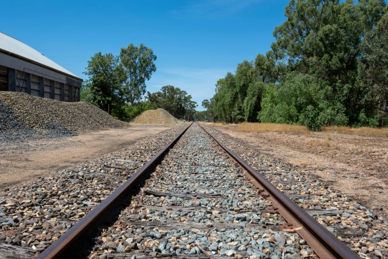 a railroad track runs through an open field