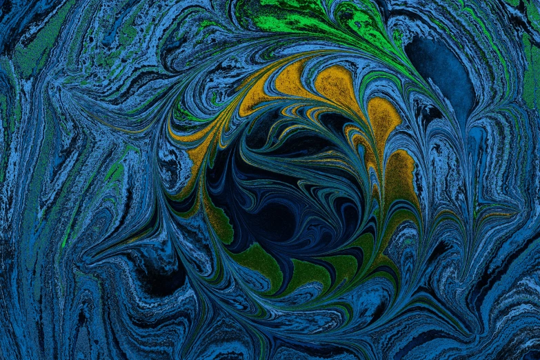 blue abstract painting with green, yellow, and orange colors