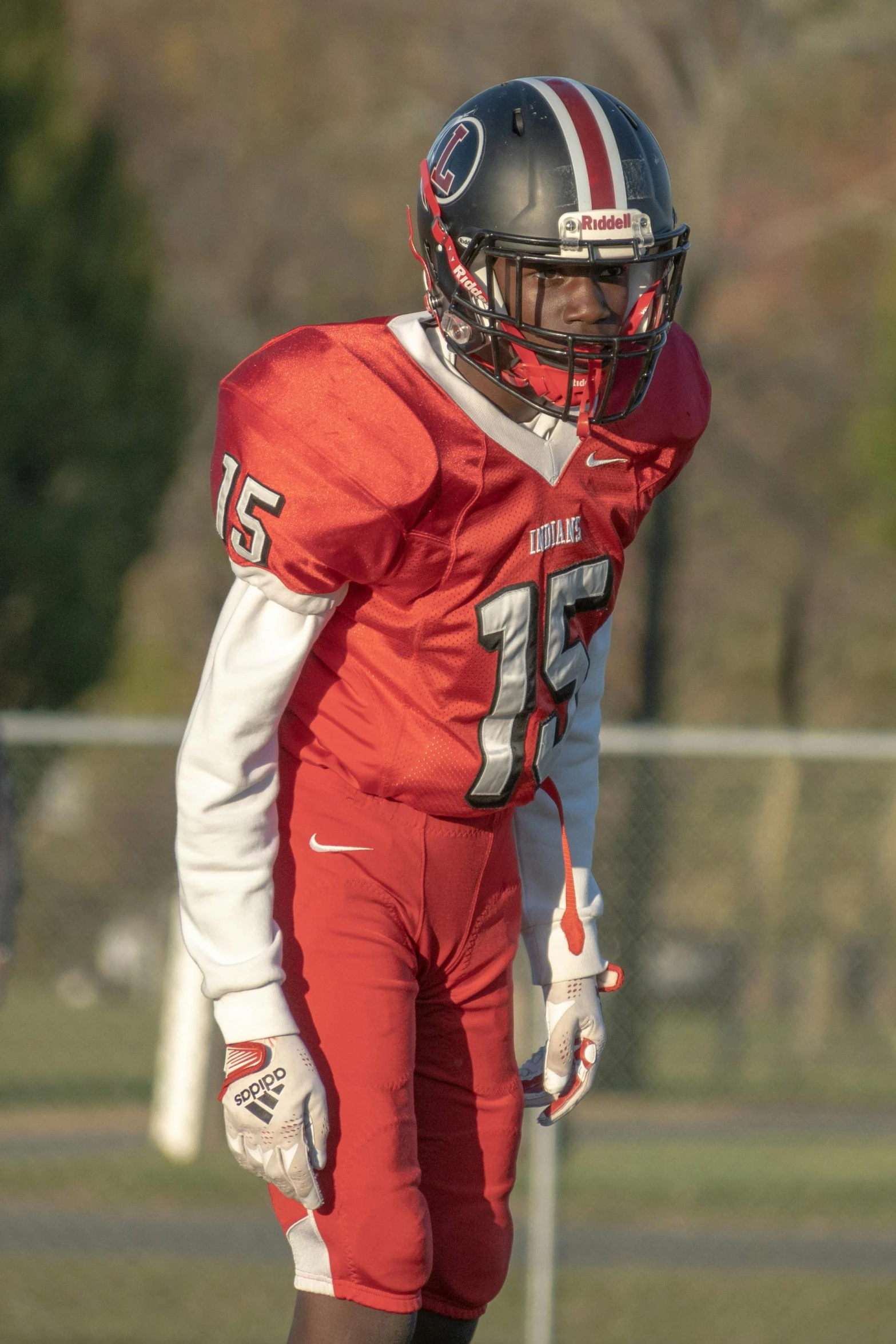 a football player wearing a helmet and gloves on the field