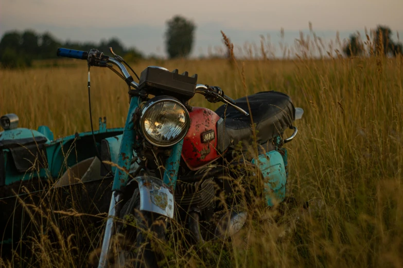 a blue motorcycle is parked in the middle of some tall grass