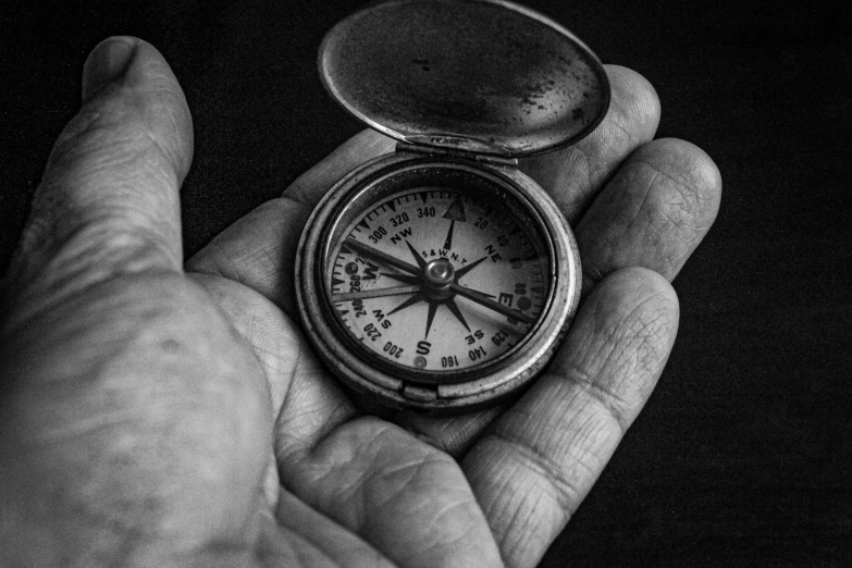 the image shows a close up of the hand holding an old pocket compass