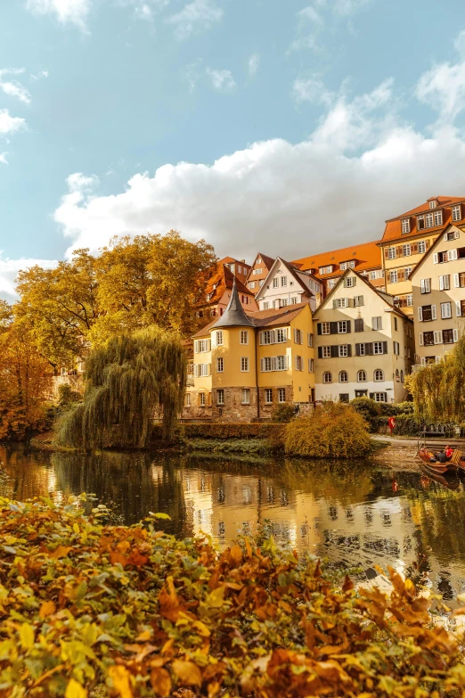 an old european village in the fall with foliage on it