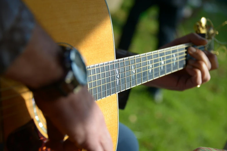 a guitar that is on the grass by some people