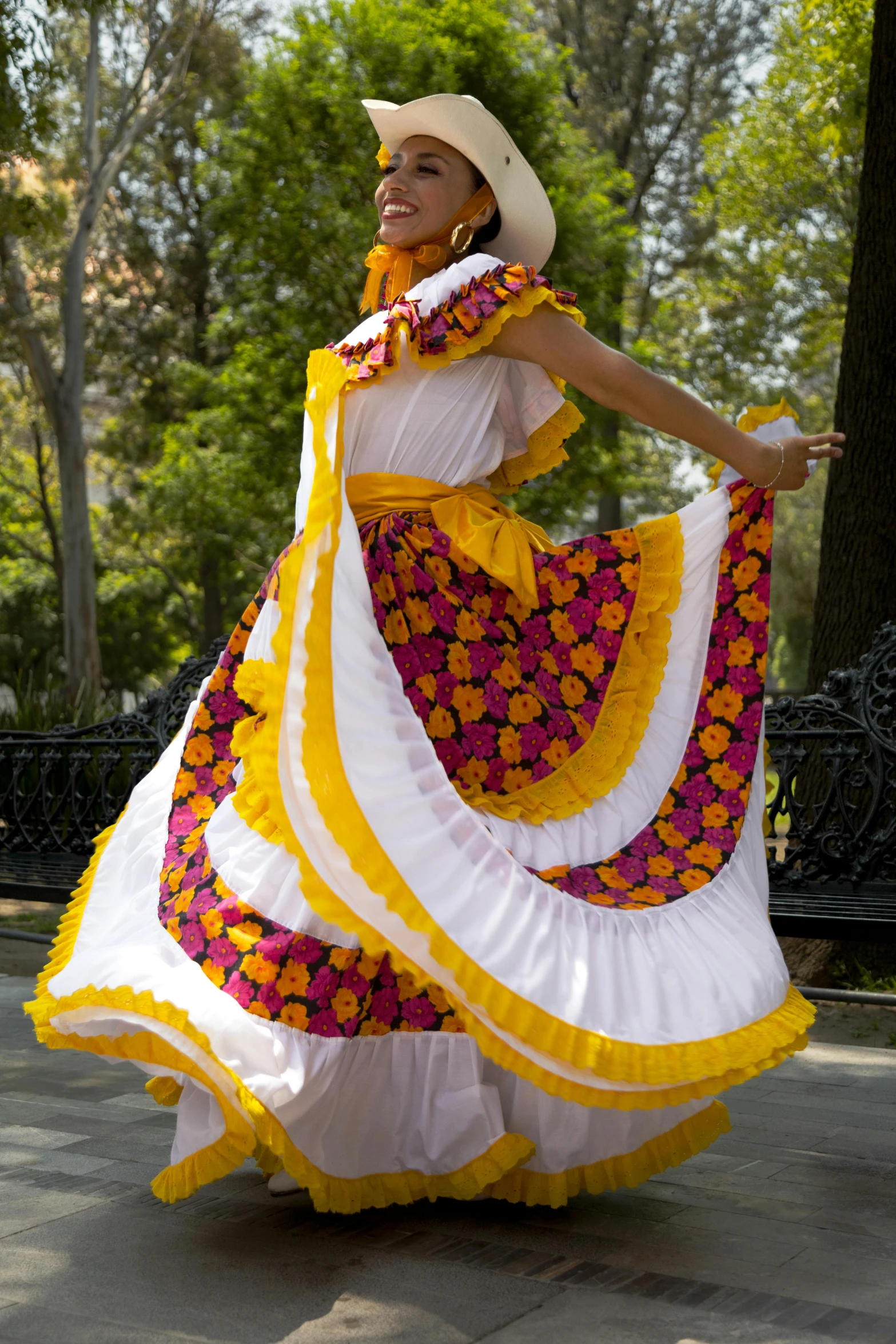 a woman is doing soing interesting in her costume