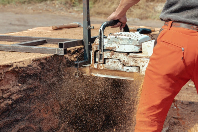 a person in orange pants and a black hand sawing off the side of some trees