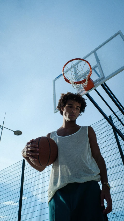 a man that is standing by a net with a basketball