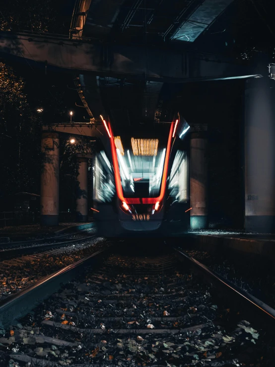 the front end of a train at night time