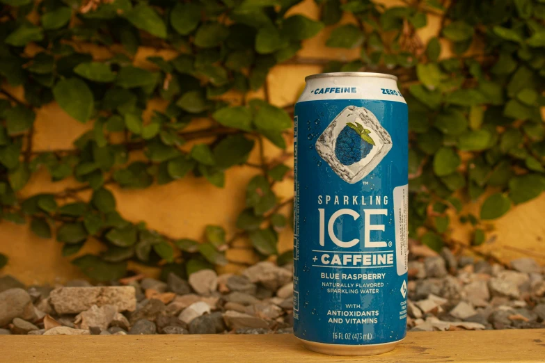 a can of ice coffee sitting in front of a rock pile