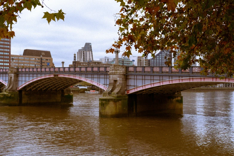 the water underneath the bridge has brown spots on it