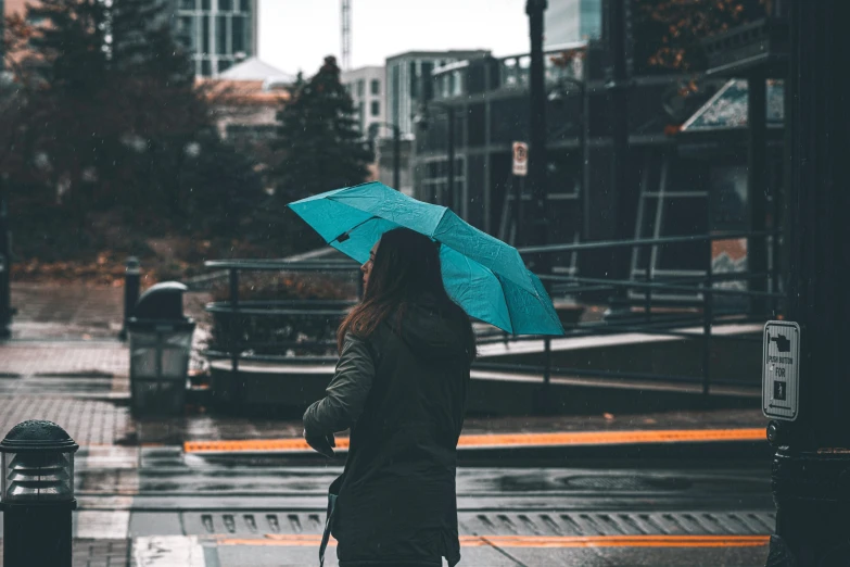 the woman is walking down the rain - soaked street with an umbrella