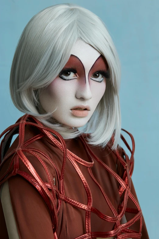 a woman with white hair and red lipstick with makeup that looks like it is wearing a mask