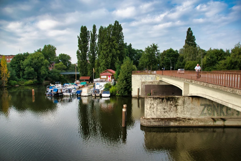 a bridge spans a body of water with houses on the other side