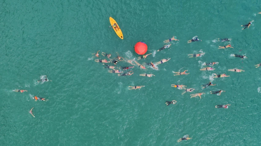 a group of people swimming in the water together