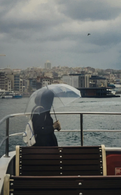 a man with an umbrella on the back of a boat