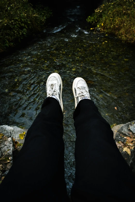 a persons feet that are standing in a stream