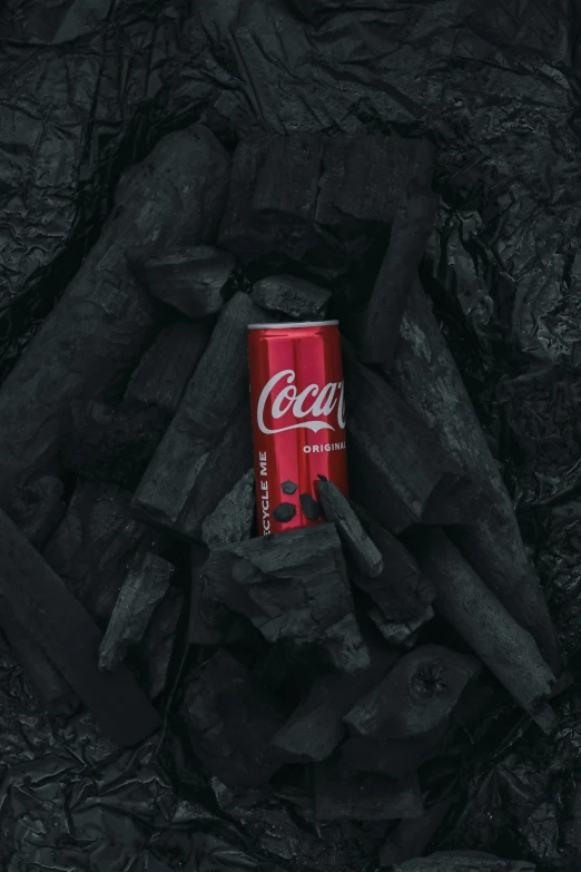 a can of coke sitting on top of wood chips