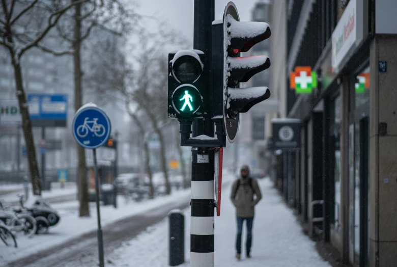 snow covered pedestrian crossing light in a city