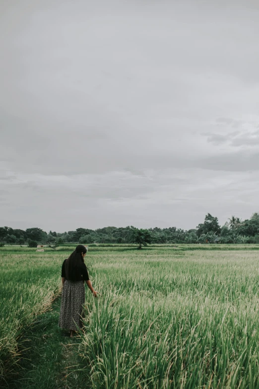 a woman standing in a field of tall green grass