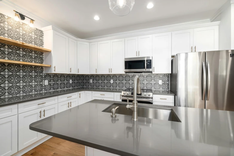 this modern kitchen is decorated in black and white